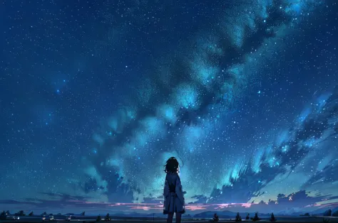 starry night sky with a person standing on a hill looking at the stars, cosmic skies. by makoto shinkai, star(sky) starry_sky, a...