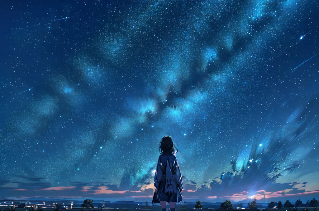 starry night sky with a person standing on a hill looking at the stars, cosmic skies. by makoto shinkai, star(sky) starry_sky, anime movie background, 4k anime wallpaper, starry sky 8 k, beautiful wallpaper, starry sky, amazing wallpaper, anime wallpaper 4k, anime wallpaper 4 k, makoto shinkai!