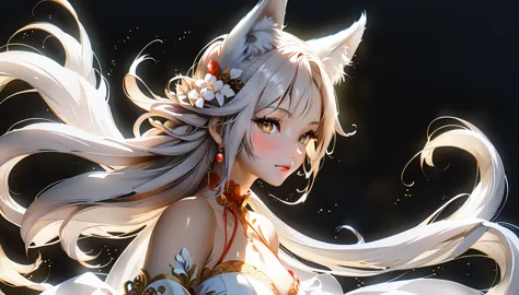 长发动漫女孩和fox, Beautiful golden red fox lady, 白毛fox, Beautiful character painting, Beautiful anime portrait, fox耳朵的女孩, a beautiful ...