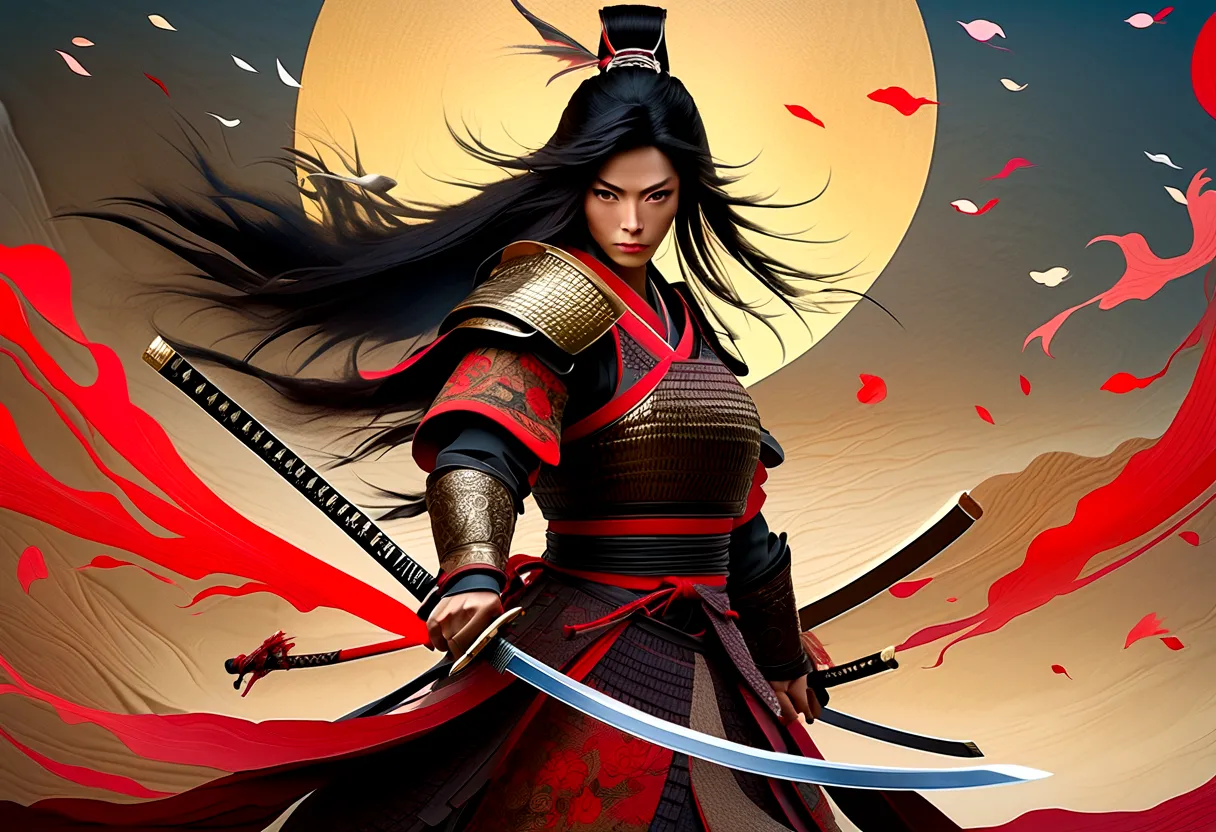 a picture of japanese female samurai, she has long black hair, wearing samurai armor, armed with a katana, ready for battle, dyn...