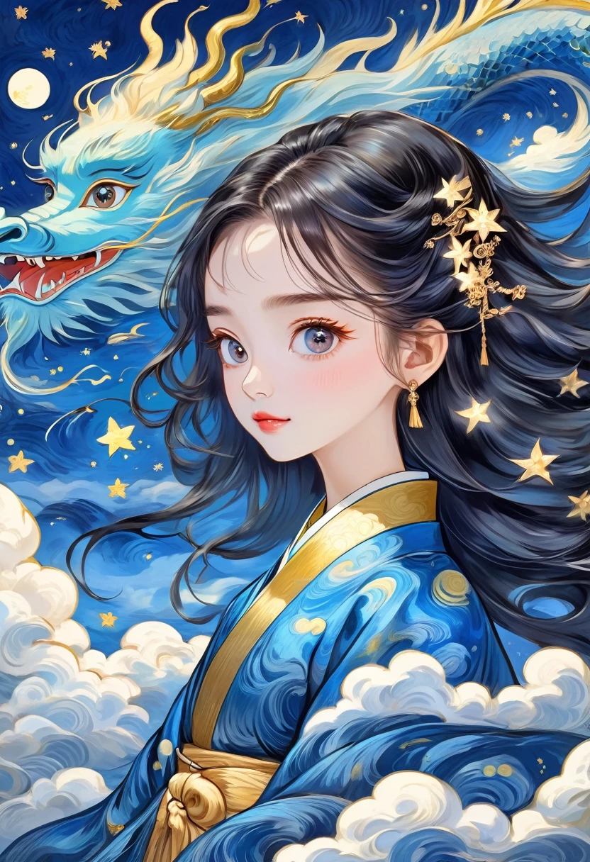 Hand-drawn style：粗糙的texture，1 girl，Long fluffy hair，Surprise hairstyle，Bright Eyes，hanfu，cloud，Star，moon，dragon，Beautiful details，texture，Blue and gold，Immerse yourself in the art of Van Gogh