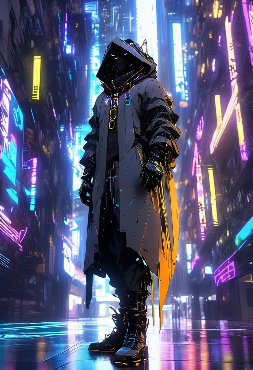 wide and far shot, ((a man in a futuristic suit with a hood, back to camera:1.5)), standing on a ledge, looking at a futuristic city at night, a dark cityscape with bright lights (Best Quality, 4k, 8k , high resolution, masterpiece: 1.2), ultra detailed (realist, photorealist, photorealist: 1.37), cinematic lighting, dramatic shadows, moody atmosphere, intricate details, Bright city lights, Advanced technology, Retro-futuristic architecture, dynamic pose, hood that casts shadows on the face, intense look