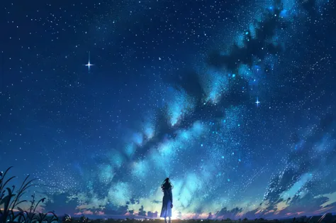 starry night sky with a person standing on a hill looking at the stars, cosmic skies. by makoto shinkai, star(sky) starry_sky, a...