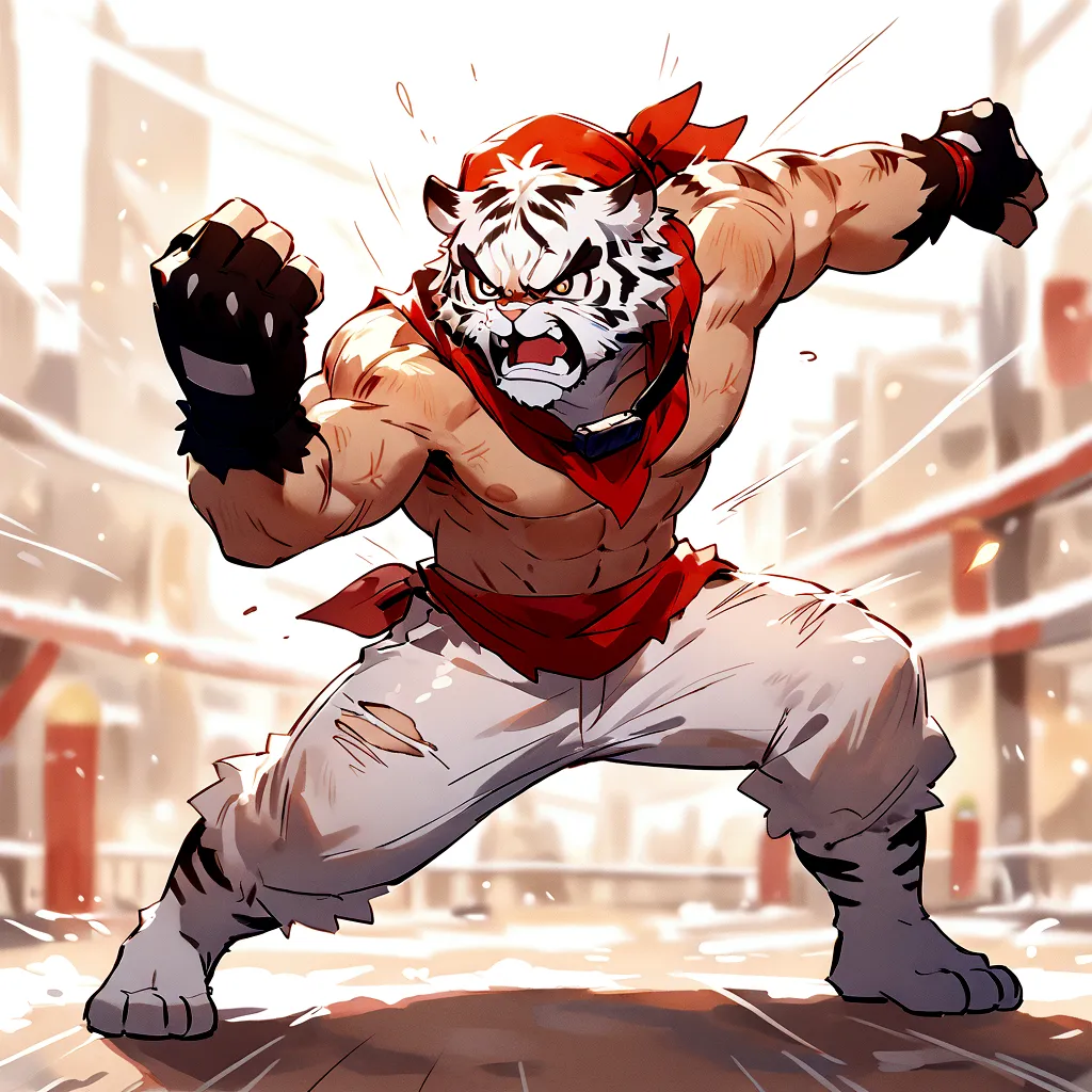 An athletic, muscular anthro white tiger wearing torn jeans and no shirt, wearing fingerless gloves, wearing a red bandana aroun...