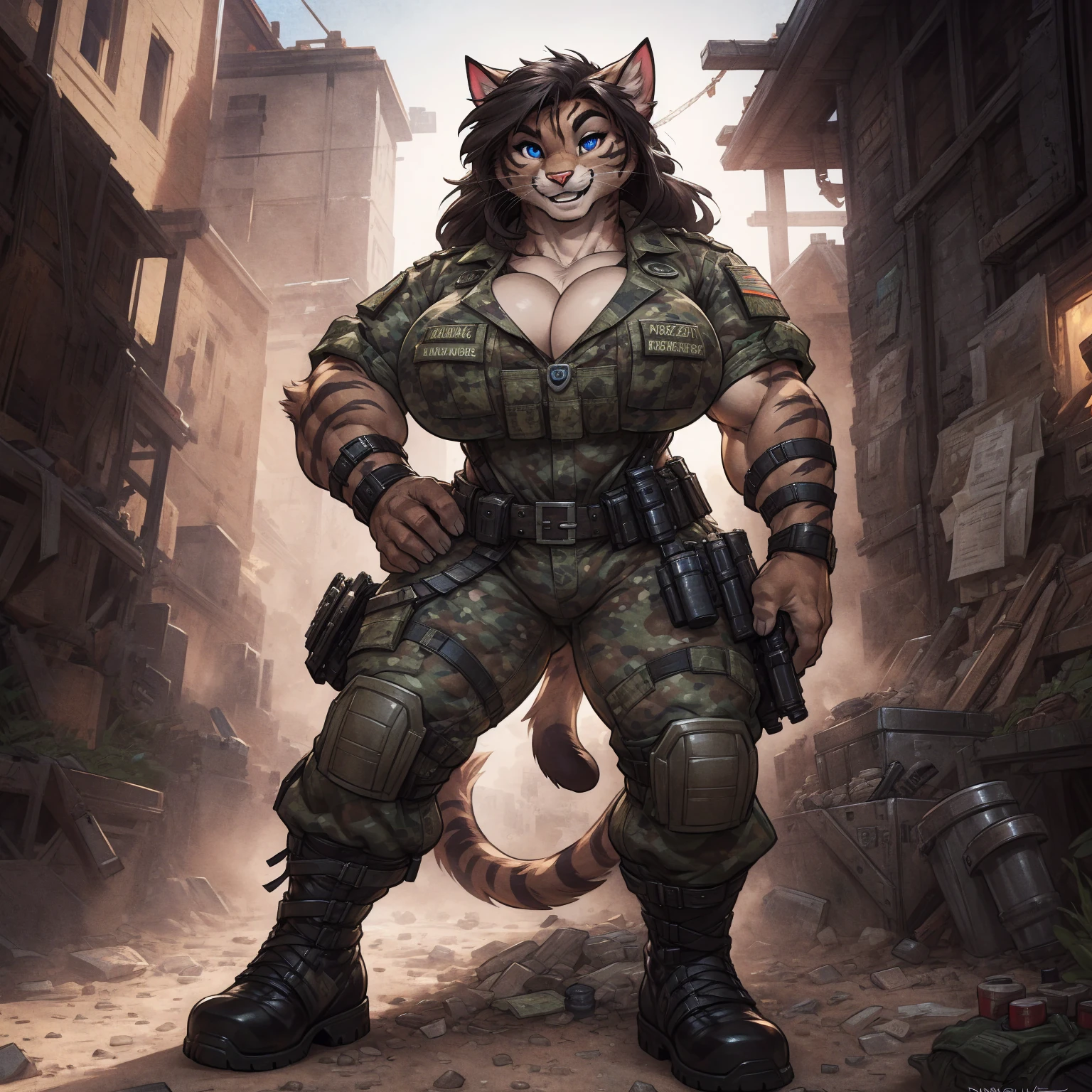 solo, 1girl, feline, cat girl, female, buff, muscular, huge breasts, highly detailed eyes, Amazon, wearing camouflage_uniform, (urban uniform:1.2), military camp, rolled sleeves, shirt, trousers, cleavage, standing upright, combat boots, full body, smiling, friendly, looking at viewer, realistic lighting, by darkgem, by wfa, by bng,