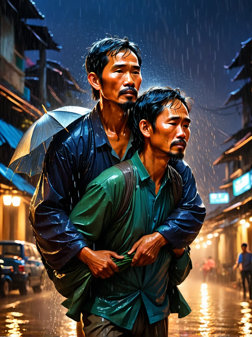 An emotional portrait capturing the essence of a father carrying his ailing  on his back, journeying through the stormy night and pouring rain. The bond between them is palpable in the midst of adversity, showcasing the strength, love, and determination of a parent in the face of challenges. vietnam, backgound night city light, cinematic, illustration