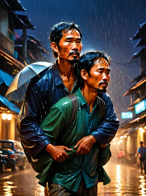 an emotional portrait capturing the essence of a father carrying his ailing  on his back, journeying through the stormy night an...