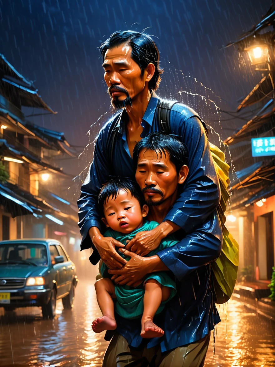 An emotional portrait capturing the essence of a father carrying his ailing  on his back, journeying through the stormy night and pouring rain. The bond between them is palpable in the midst of adversity, showcasing the strength, love, and determination of a parent in the face of challenges. vietnam, backgound night city light, cinematic, illustration