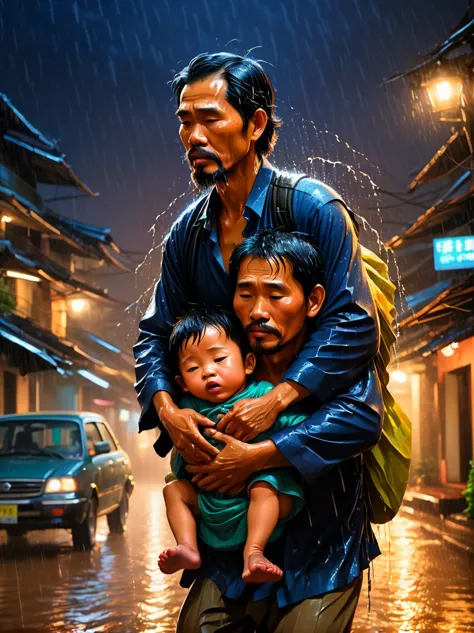An emotional portrait capturing the essence of a father carrying his ailing  on his back, journeying through the stormy night an...