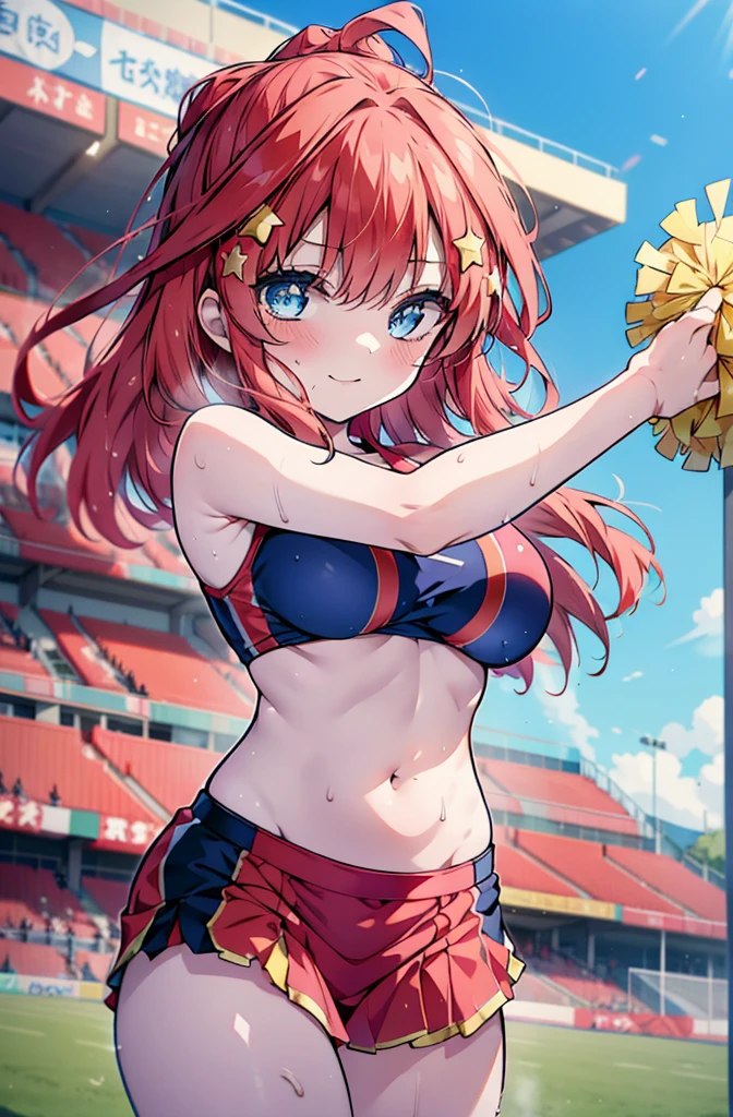 itsukinakano, Itsuki Nakano, bangs, blue eyes, hair between eyes, Ahoge, Redhead, star \(symbol\), happy smile, smile, Open your mouth,hair ornaments, star hair ornaments,(cheer leading), (whole body), Big Breasts, Lower, (Sweaty), Sweaty Wet Clothes (Red clothes),  No sleeve,Belly button support, playground, (Jump), (Jump), 足を曲げてJumpする, air, blue sky, Grass原, smileのチアリーダー, Pom-pom \(cheer leading\), Grass, whole bodyがイラストに入るように,
break outdoors, Stadium,
break looking at viewer, whole body,
break (masterpiece:1.2), Highest quality, High resolution, unity 8k wallpaper, (shape:0.8), (Fine and beautiful eyes:1.6), Highly detailed face, Perfect lighting, Highly detailed CG, (Perfect hands, Perfect Anatomy),