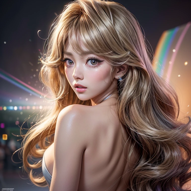 NSFW, 8k, High-level, absurd, masterpiece, best quality, primitive, very detailed CG, very detailed wallpaper, perfect lighting, Extremely detailed ((( personifying " Farrah Fawcett Majors " as a Little Girl))), MysticSight, Tyndall effect, Tyndall scattering, (Studio gray background with (Overflowing oodles Dazzling RainbowColorParticles (BokeH))), (RoundlyButts, ThighGap), (Exposed:0.4), (Assfocus with looking ahead) BREAK  (Acutance:0.88), (NOGIZAKA face variations) Extremely Detailed very KAWAII face variations, perfect anatomy, Childish, CaptivatingGaze ElaboratePupils detailed Eyes with (sparkling highlights:1.28), (Voluminous LongEyelashes、GlossyRED Lips with beautiful details, RosyCheeks, Radiant PearlSkin with Transparency . { (Dynamic LifeLike expressions:1.4) | :d) }, (large eyes:-1) .