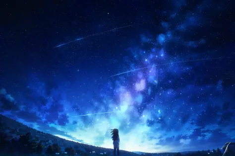 starry night sky with a person standing on a hill looking at the stars, cosmic skies. by makoto shinkai, star(sky) starry_sky, a...