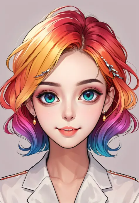 cute digital illustration，anime style girl portrait，smile，solitary，symmetry，gradient hair，big colorful eyes，fashionable and exqu...