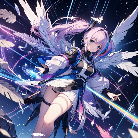 ((archangel　fantasy　rainbow hair　make your hair rainbow-colored on the inside　twin tails　dull blue eyes))　((has a galaxy　uniform...