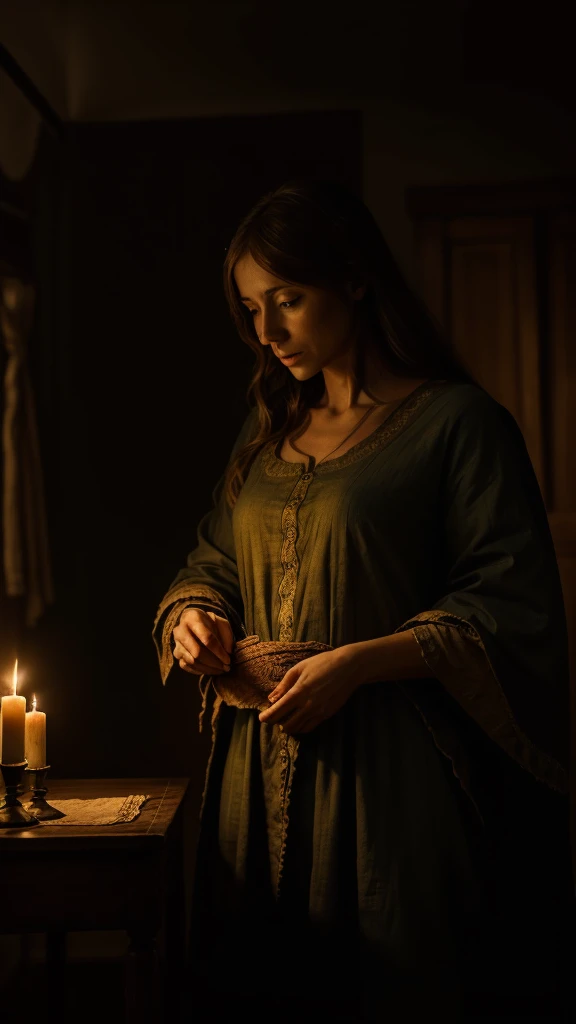 Inside a dimly lit room during the time of Jesus, Mary hurriedly wraps an ancient scroll in cloth, her face tense with worry. The flickering light from a single candle highlights her anxious movements. The room is filled with historical artifacts and simple furniture typical of the era, casting shadows that add to the sense of urgency and tension. The overall atmosphere is dramatic and intense, capturing the historical setting and Mary's concern.