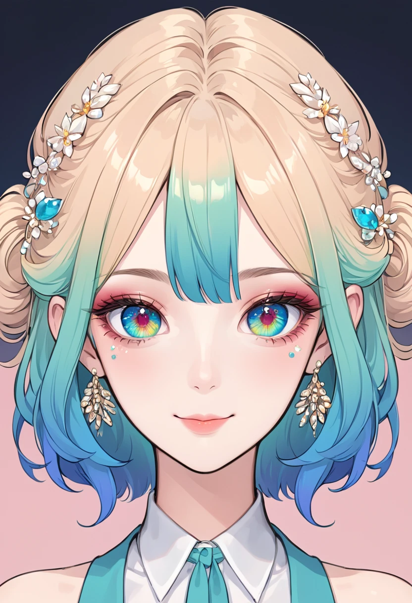  Detailed digital anime art，Cute digital illustration，Anime style girl portrait，Smile，Solitary，symmetry，Gradient hair，Big colorful eyes，Fashionable and exquisite facial features，Exquisite makeup，Beautiful hairstyle，Hairpin，Clean and simple background