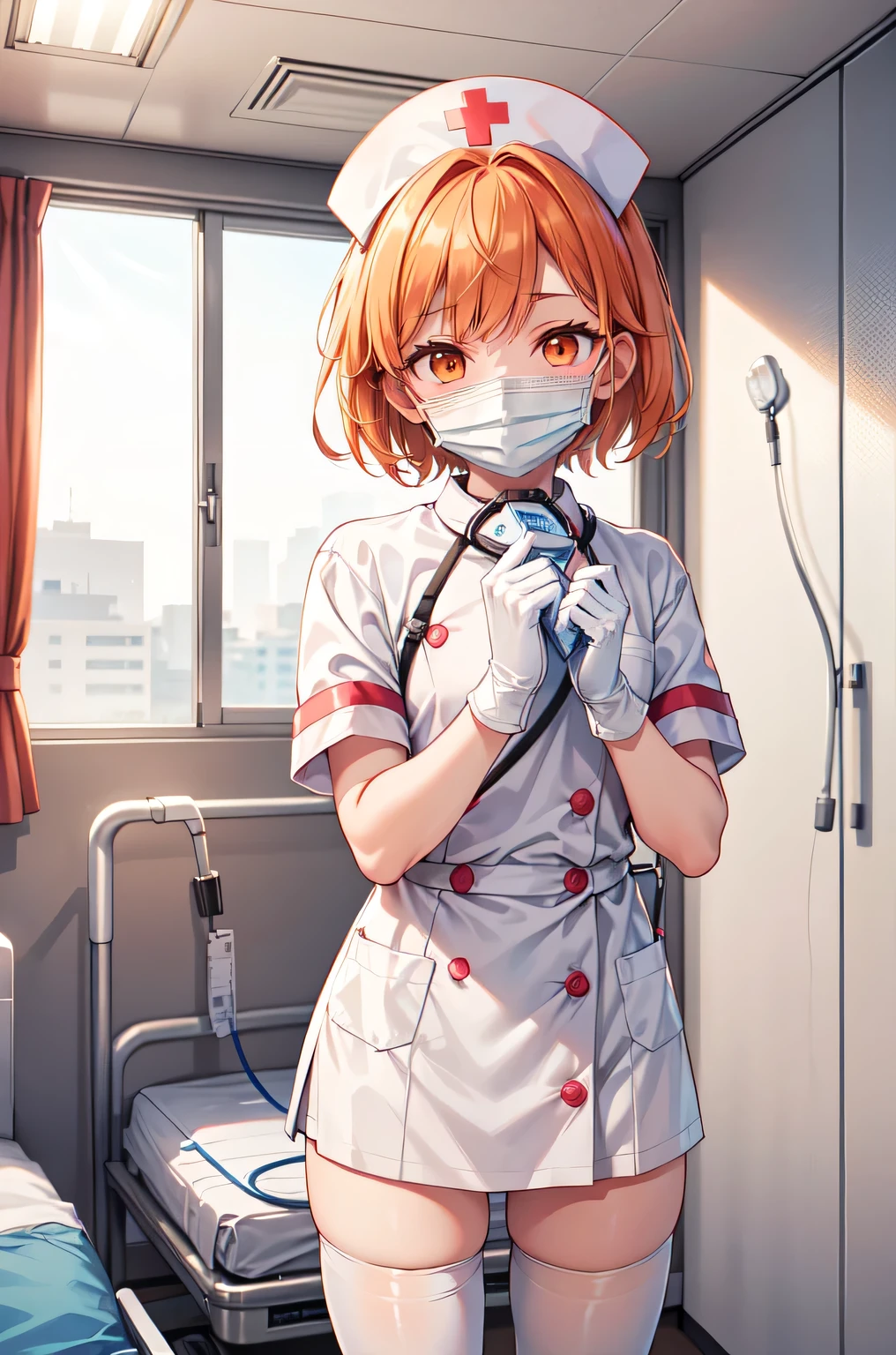 1boy, solo, male focus, nurse, white nurse cap, white nurse uniform, ((white legwear, zettai ryouiki)), white gloves, short hair, orange hair, ((white surgical mask, covered nose)), standing, ((hospital room)), sharp outline, short sleeves, shota, 12 years old, best quality, masterpiece