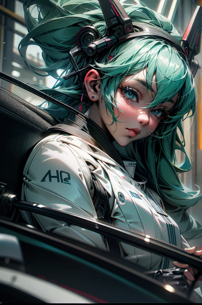 (Une Nissan Skyline GT-R BNR34 bleue conduite par Hatsune Miku,voiture détaillée,intérieur très détaillé,traits du visage extrêmement détaillés,Beaux yeux détaillés,belles lèvres détaillées,cheveux extrêmement détaillés,vêtements extrêmement détaillés,haute résolution,4k,Photoréaliste,ultra-détaillé,couleurs vives,Éclairage dramatique,angle cinématographique,Course de drift,flou de mouvement,composition dynamique)