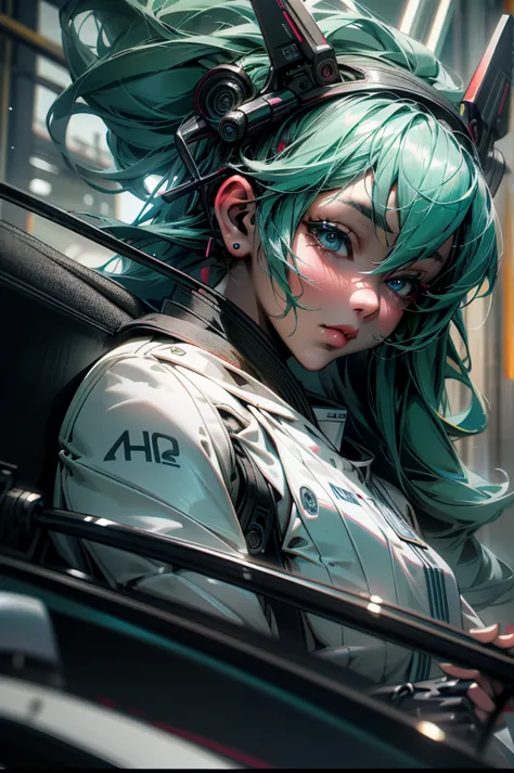 (A blue Nissan Skyline GT-R BNR34 driven by Hatsune Miku,detailed car,highly detailed interior,extremely detailed facial feature...