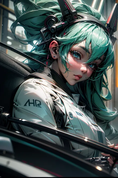 (a blue nissan skyline gt-r bnr34 driven by hatsune miku,detailed car,highly detailed interior,extremely detailed facial feature...