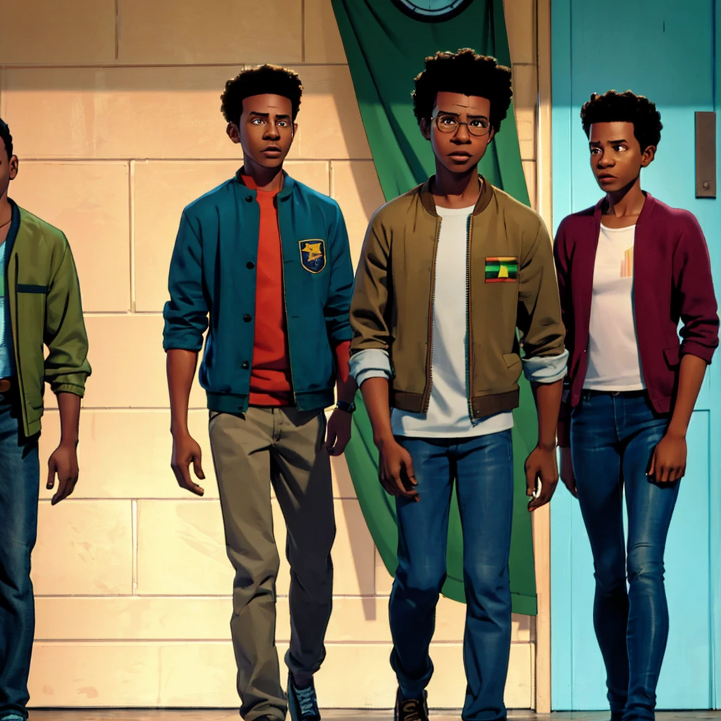 15 years old. Resemblance to Richard ayoade but young, casual clothing shoes, light brown jeans. Short low very shirt low hair, no glasses, jacket, Jamaican flag in jacket  sleeve