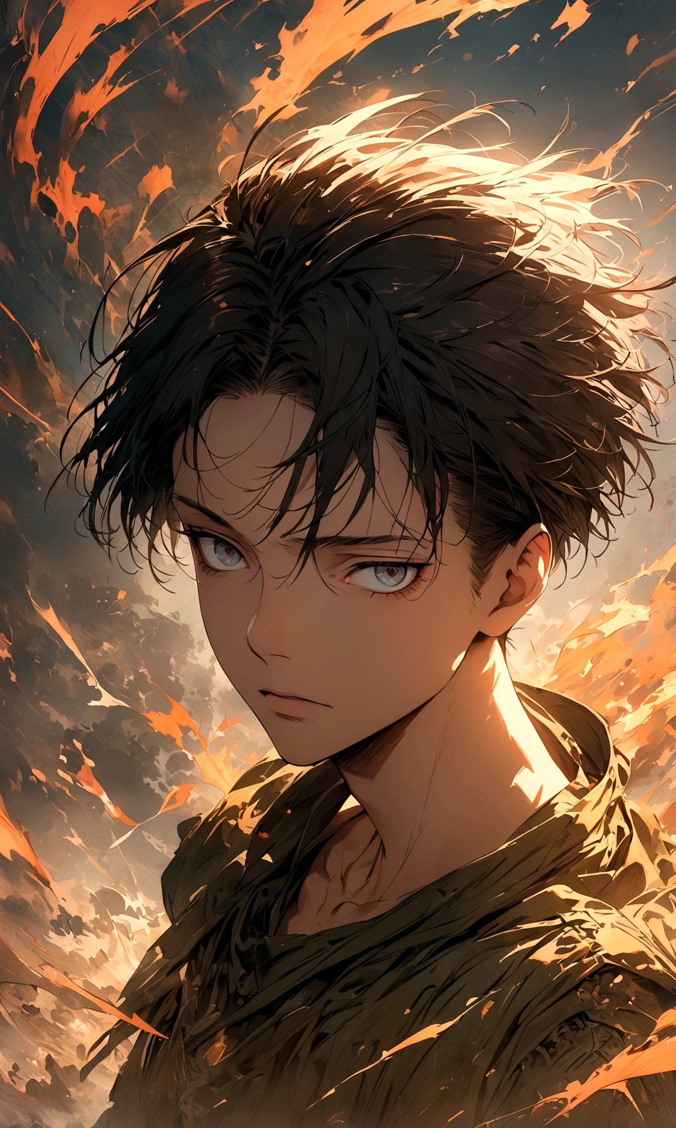 1 homem,levi ackerman,Ataque ao titã,,Detalhes intrincados,Ampla gama de cores,obra de arte,Renderização,(Obra de arte:1.3),(mais alta qualidade:1.4),(Super detalhado:1.5),alta resolução,Muito detalhado,papel de parede da unidade 8k,decadente,vento