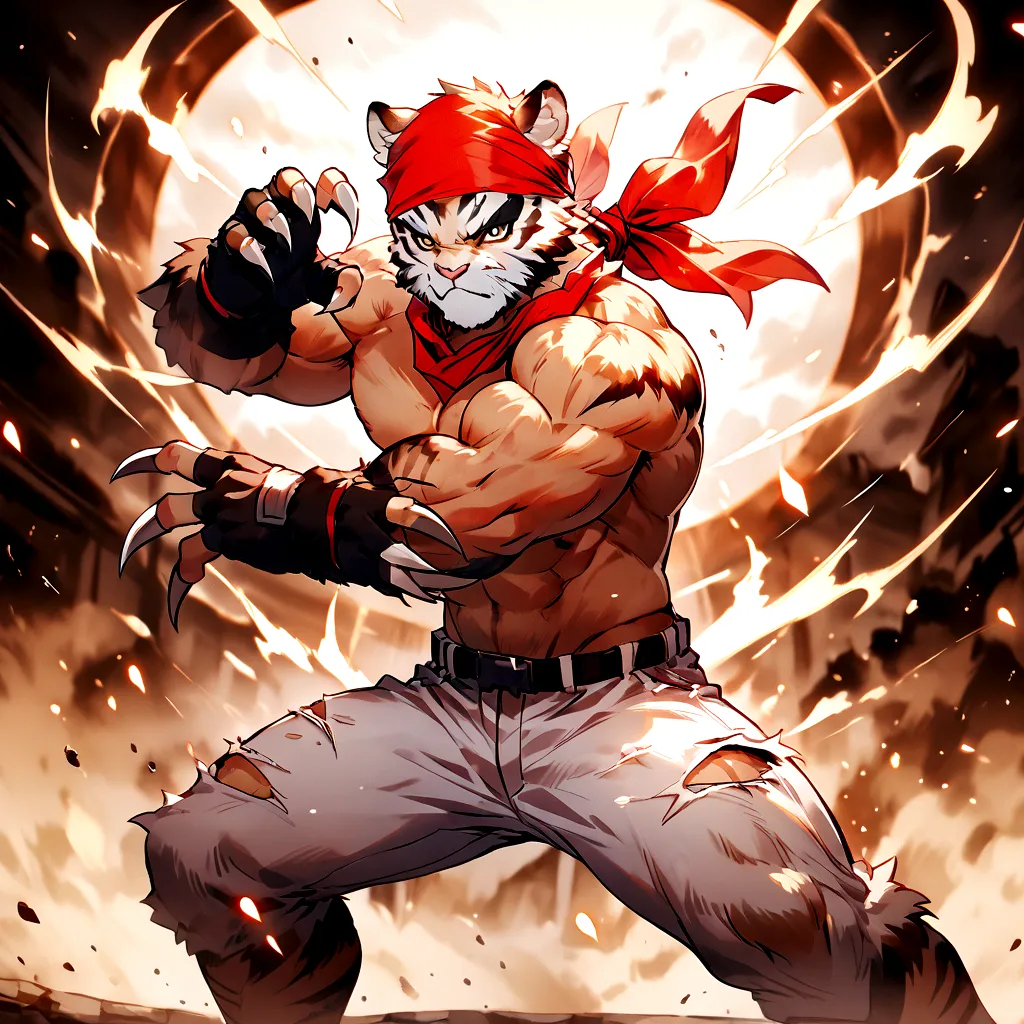 An athletic, muscular anthro white tiger wearing torn jeans and no shirt, wearing fingerless gloves, wearing a red bandana, in a...