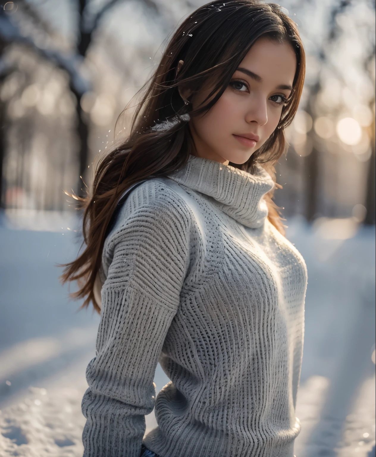 @Ubrey_Espectador, linda garota vestindo um suéter esportivo fino, cabelo penteado para o lado, profundidade de campo, manhã na neve,  (8K, Foto CRU, melhor qualidade, profundidade de campo, resolução ultra alta:1.2), (Intrincado, fotorrealista, obra de arte, Ultra-detalhado), Iluminação dinâmica