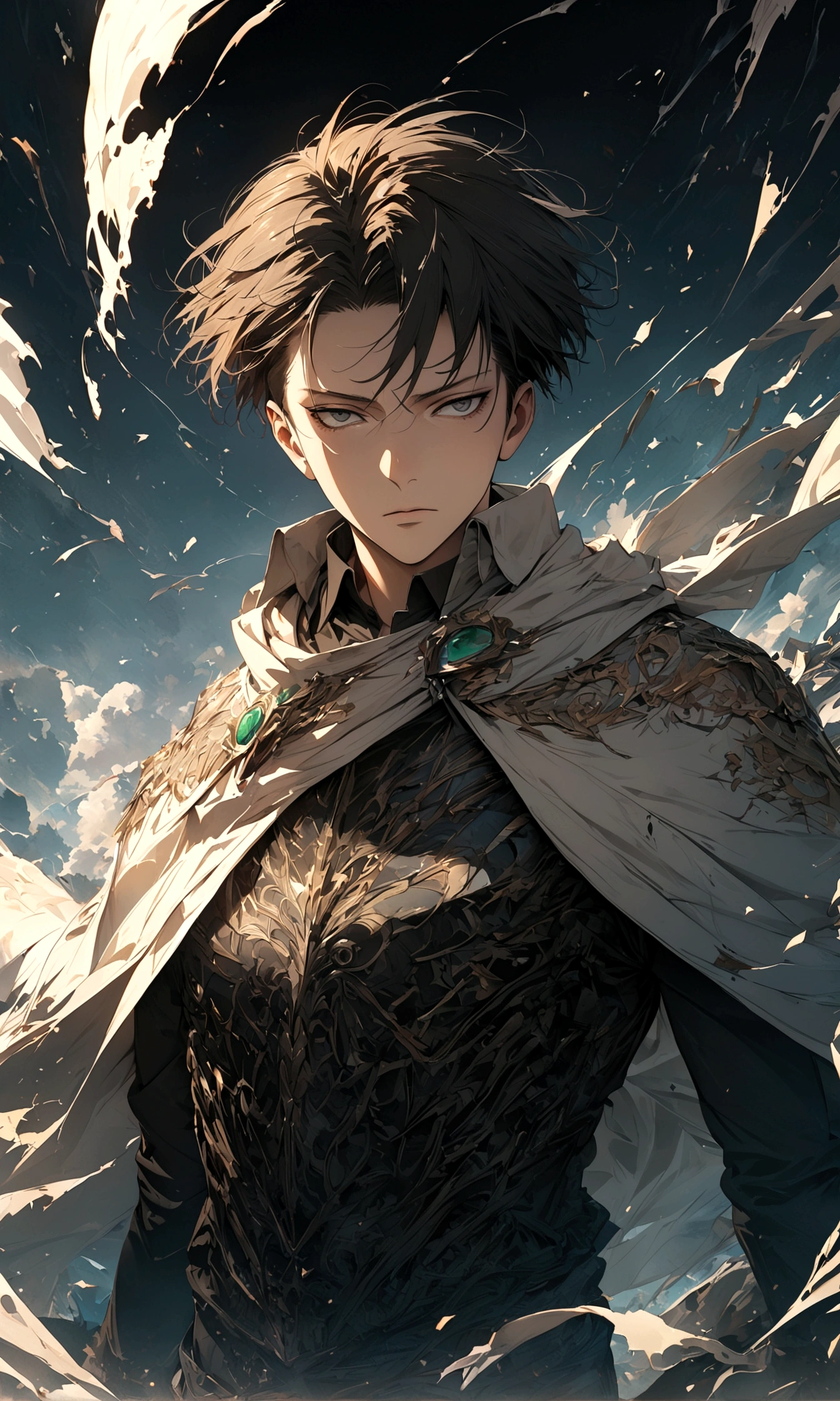 1 male,Levi Ackerman,Attack on Titan,,Intricate details,Wide range of colors,artwork,rendering,(masterpiece:1.3),(highest quality:1.4),(Super detailed:1.5),High resolution,Very detailed,unity 8k wallpaper,Decadent,Wind