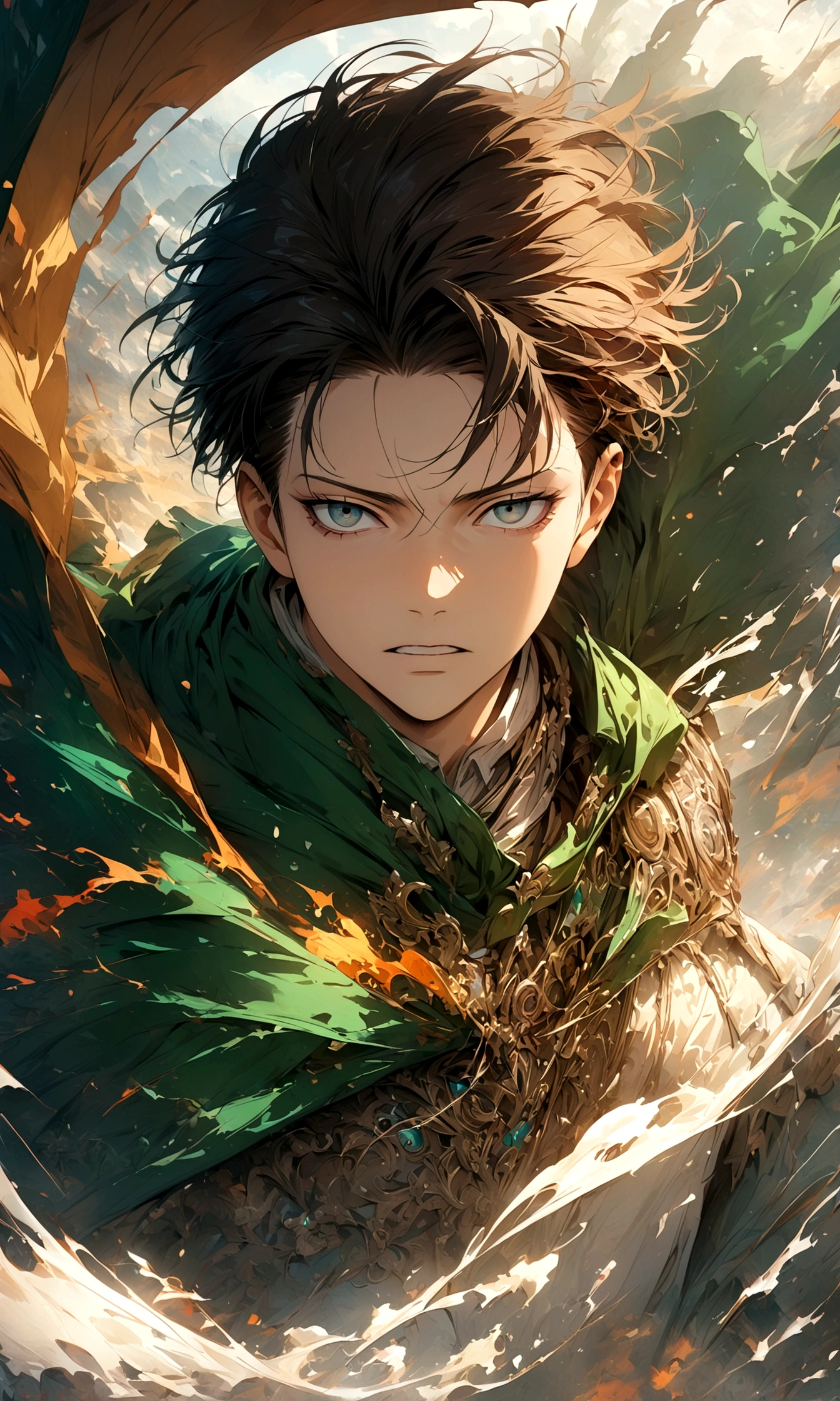 1 homem,levi ackerman,Ataque ao titã,,Detalhes intrincados,Ampla gama de cores,obra de arte,Renderização,(Obra de arte:1.3),(mais alta qualidade:1.4),(Super detalhado:1.5),alta resolução,Muito detalhado,papel de parede da unidade 8k,decadente,vento