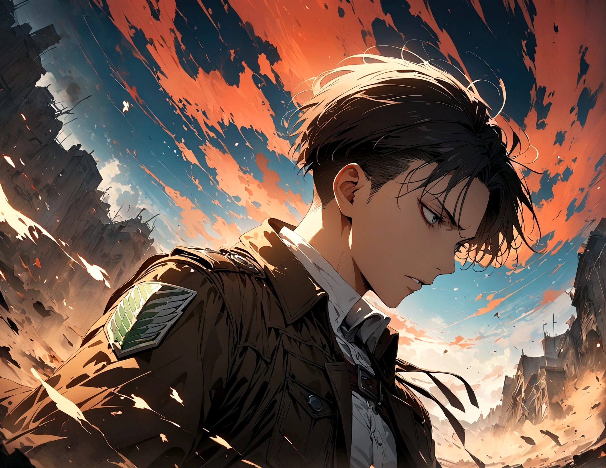 1 male,Levi Ackerman,Attack on Titan,,Intricate details,Wide range of colors,artwork,rendering,(masterpiece:1.3),(highest quality:1.4),(Super detailed:1.5),High resolution,Very detailed,unity 8k wallpaper,Decadent,Wind