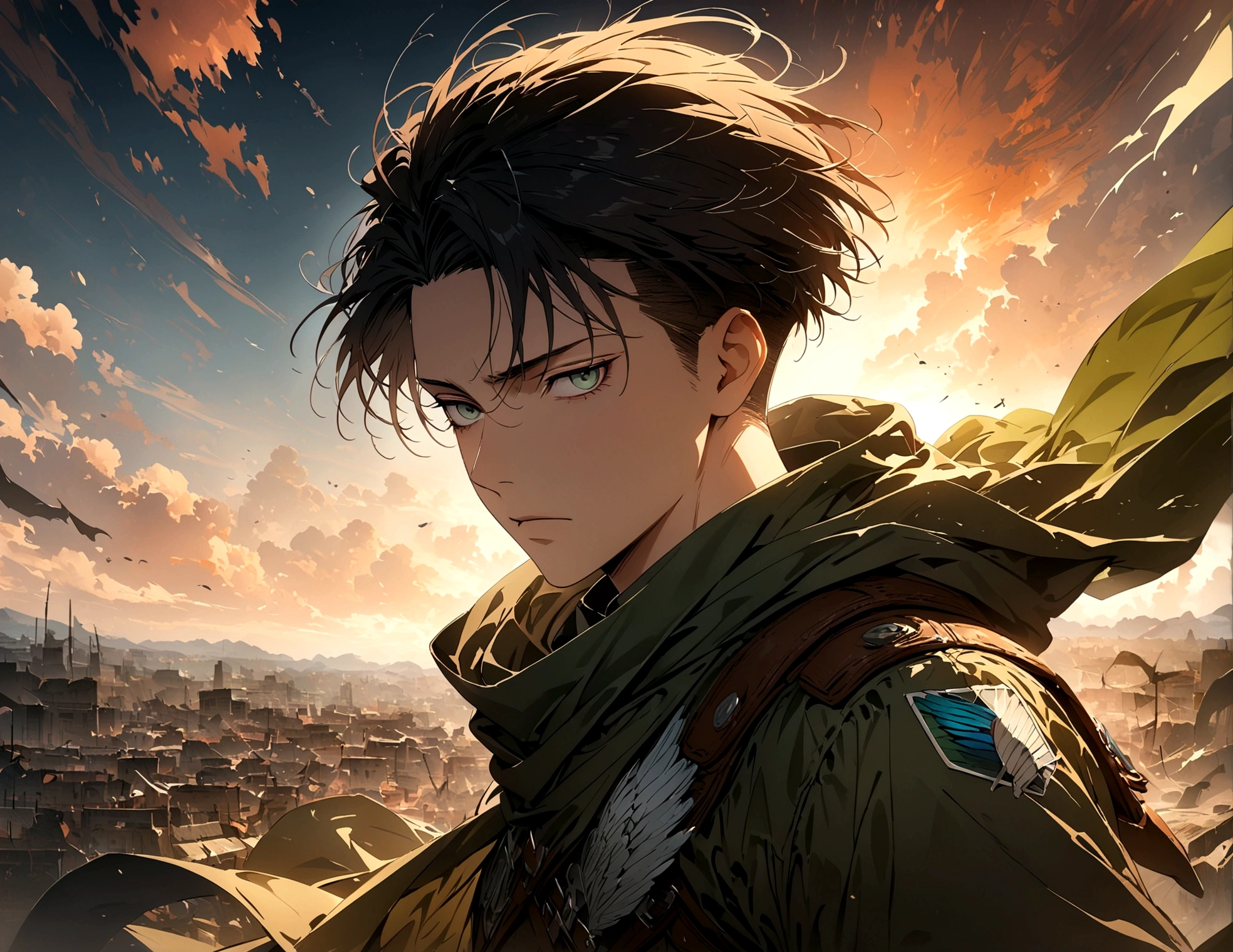 1 male,Levi Ackerman,Attack on Titan,,Intricate details,Wide range of colors,artwork,rendering,(masterpiece:1.3),(highest quality:1.4),(Super detailed:1.5),High resolution,Very detailed,unity 8k wallpaper,Decadent,Wind