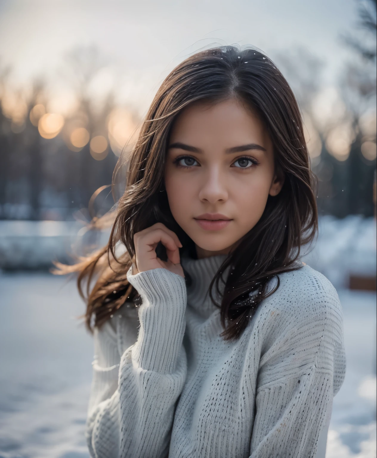 @ubrey_spektor, Beautiful girl wearing a thin athletic sweater, Side-swept hair, depth of field, morning in the snow,  (8k, RAW photo, best quality, depth of field, ultra high res:1.2), (intricate, photorealistic, masterpiece, ultra-detailed), dynamic lighting