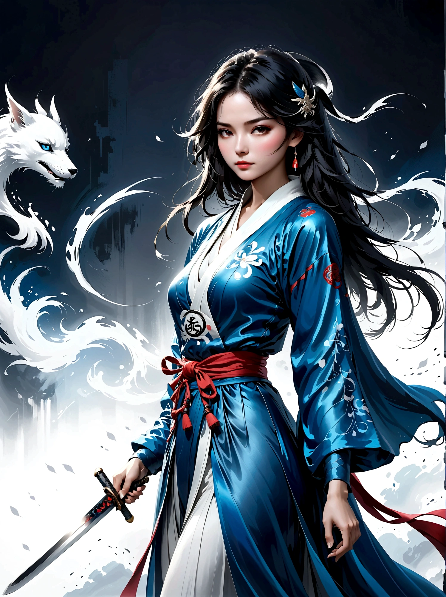 Artistic ink painting，Three-dimensional ink painting，Minimalism，Minimalist graphics，Minimal Art，Anime girl holding a sword，whole body，Chinese style，antiquity，Ink Painting，Blue robe，Black long hair，Black and white background，古韵White Space，White Space，大面积White Space，Texture Matte，Low saturation，Minimalist composition，Master composition