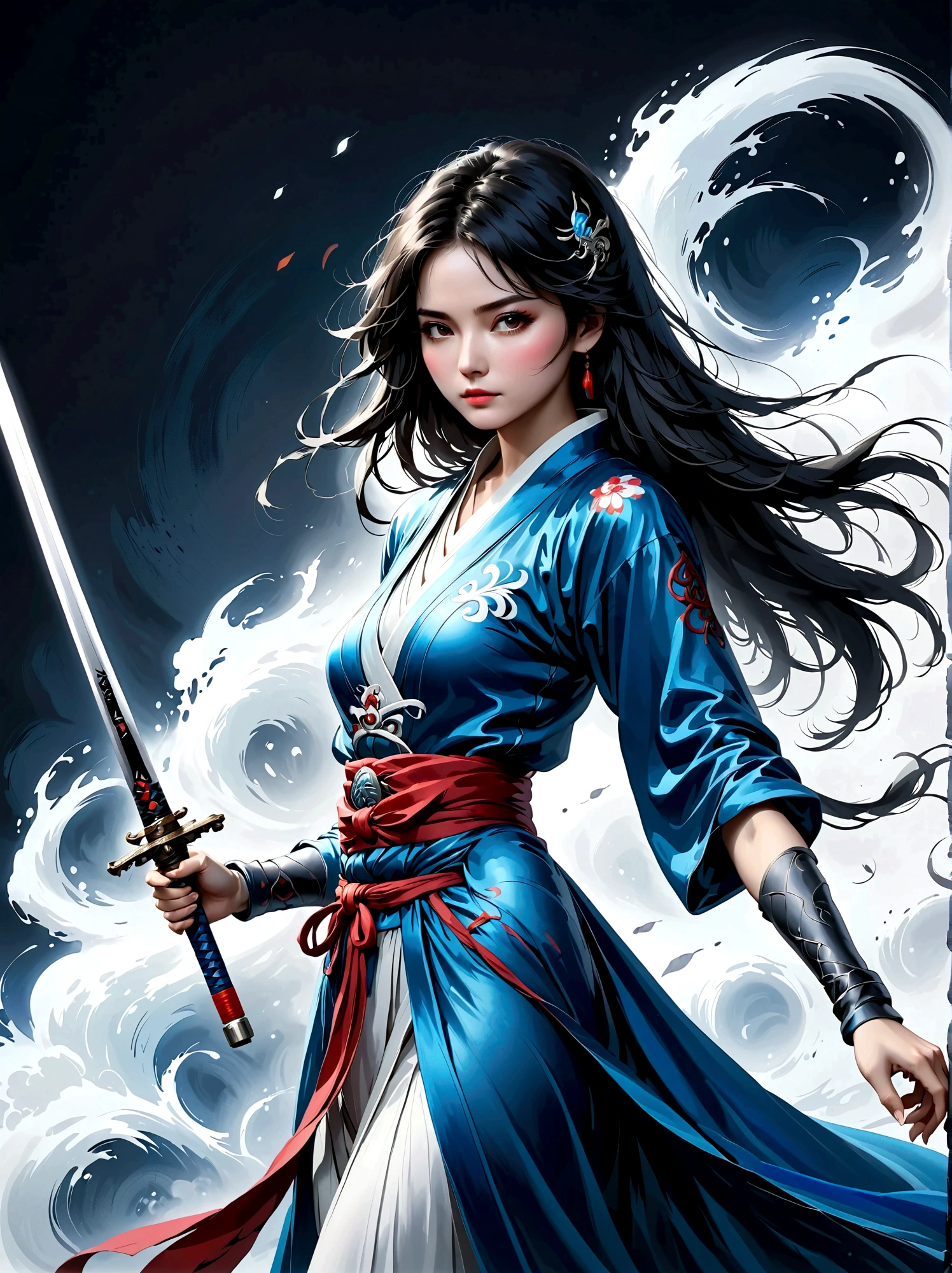 Artistic ink painting，Three-dimensional ink painting，Minimalism，Minimalist graphics，Minimal Art，Anime girl holding a sword，whole body，Chinese style，antiquity，Ink Painting，Blue robe，Black long hair，Black and white background，古韵White Space，White Space，大面积White Space，Texture Matte，Low saturation，Minimalist composition，Master composition