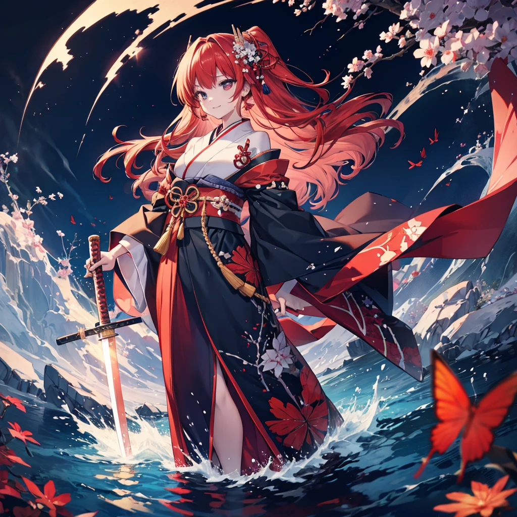 ((High resolution　Redhead　Long Hair　Tie-up hair　Black kimono　red band　Goddess of victory　smile　Standing on the surface of the water))　((Red butterfly　night　Japanese style　shoulder　old　Shining Aura　rain))　(((Grasp the sword　Japanese sword　long blade　Light reflected on the sword)))　((Shining Background　Shining Edge))moon　star　Draw your sword　Slashing　Catch the wind　autumn