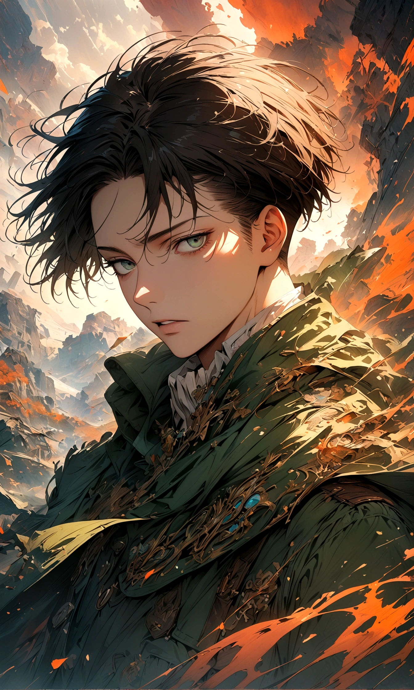 1 male,Levi Ackerman,Attack on Titan,,Intricate details,Wide range of colors,artwork,rendering,(masterpiece:1.3),(highest quality:1.4),(Super detailed:1.5),High resolution,Very detailed,unity 8k wallpaper,Decadent,Wind