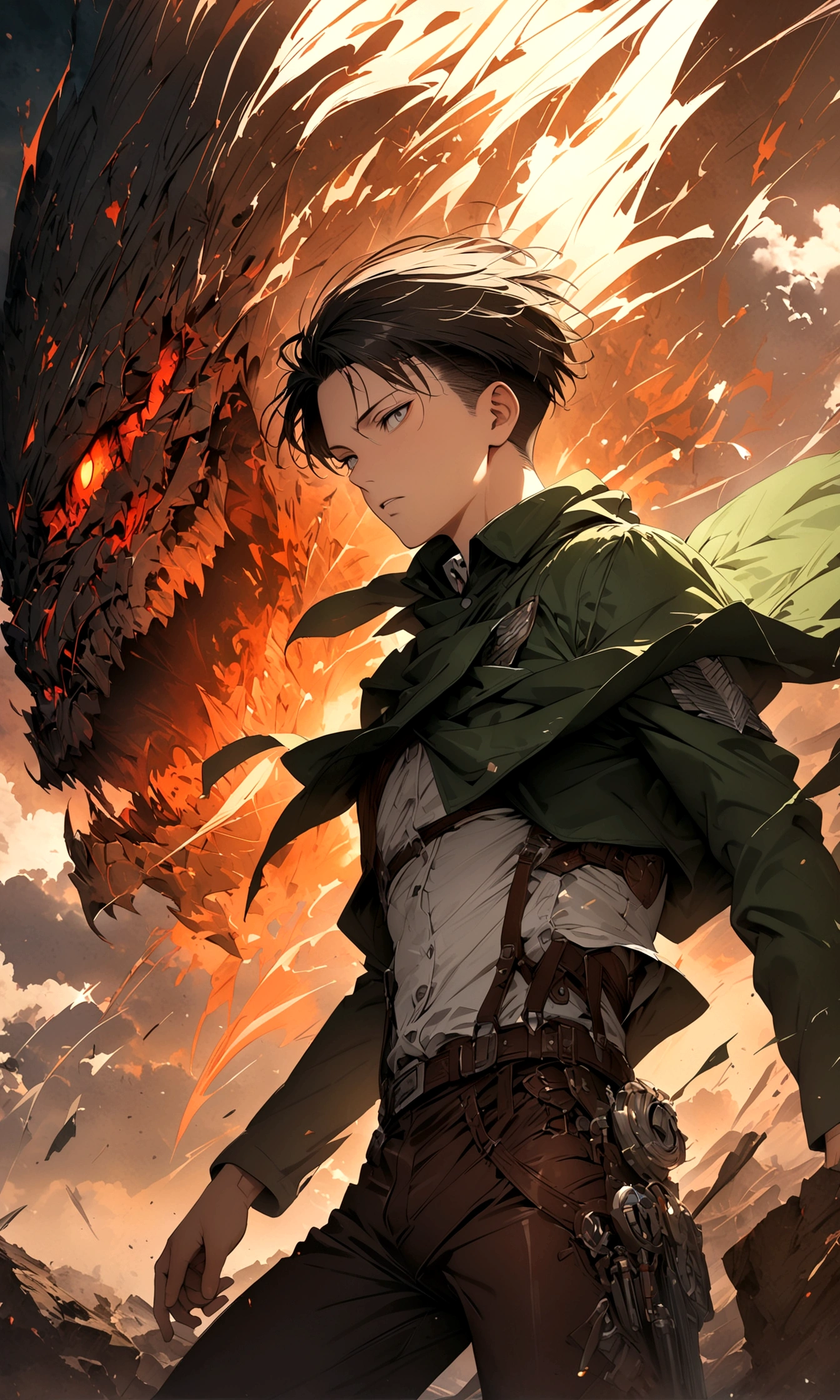 1 male,Levi Ackerman,Attack on Titan,,Intricate details,Wide range of colors,artwork,rendering,(masterpiece:1.3),(highest quality:1.4),(Super detailed:1.5),High resolution,Very detailed,unity 8k wallpaper,Decadent,Wind