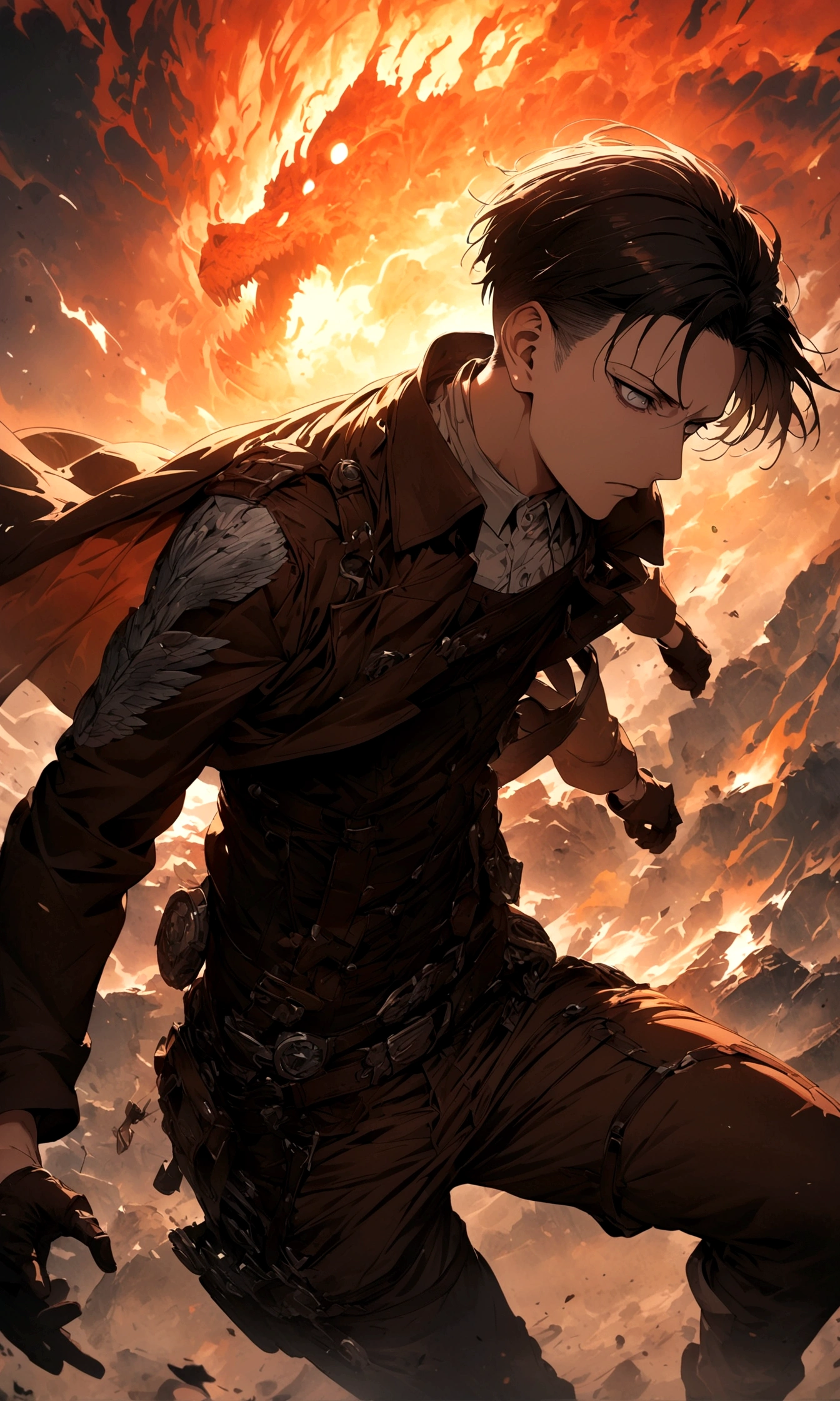 1 male,Levi Ackerman,Attack on Titan,,Intricate details,Wide range of colors,artwork,rendering,(masterpiece:1.3),(highest quality:1.4),(Super detailed:1.5),High resolution,Very detailed,unity 8k wallpaper,Decadent,Wind