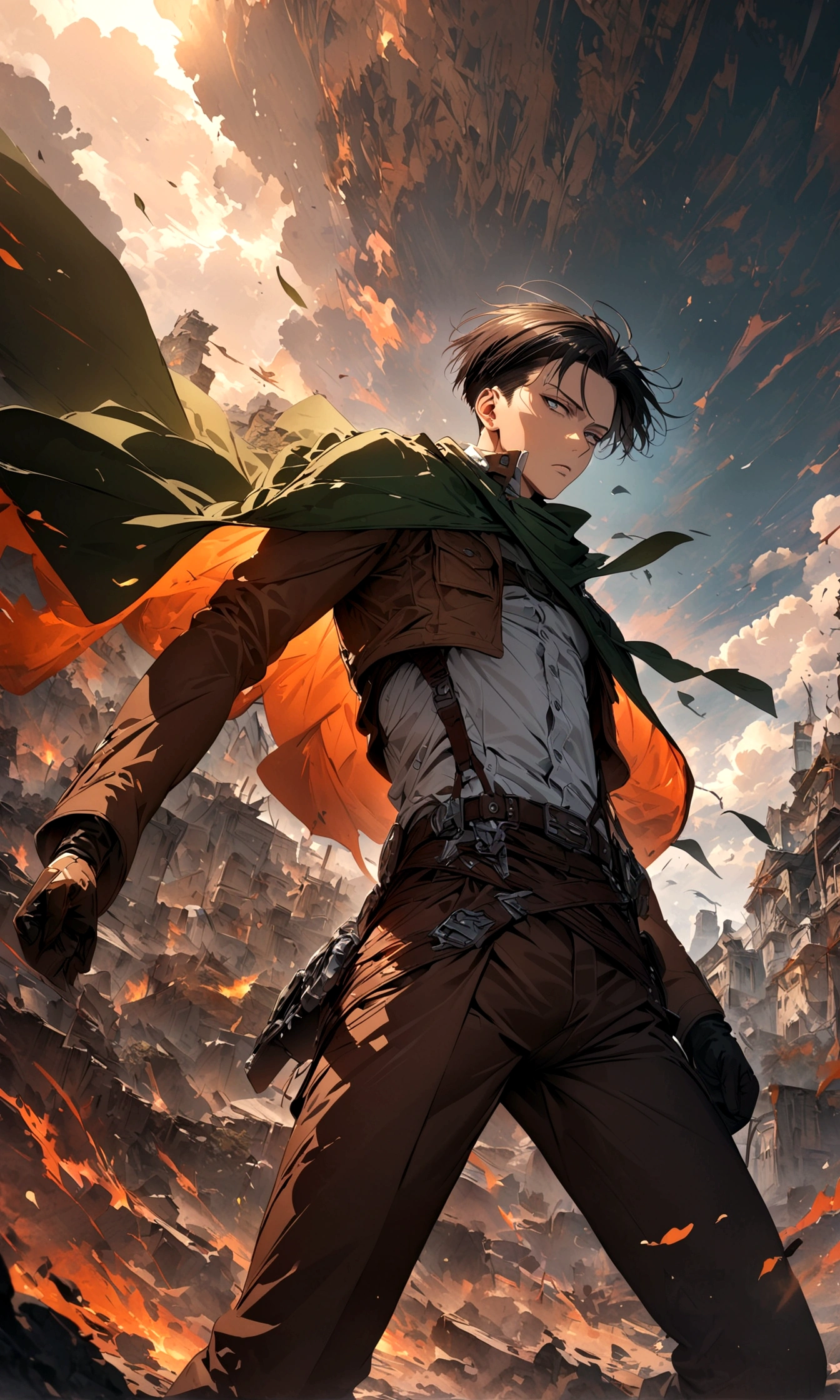 1 male,levi ackerman,Ataque en Titan,,detalles intrincados,Amplia gama de colores,obra de arte,representación,(Obra maestra:1.3),(de la máxima calidad:1.4),(súper detallado:1.5),alta resolución,Muy detallado,fondo de pantalla de unidad 8k,Decadente,viento