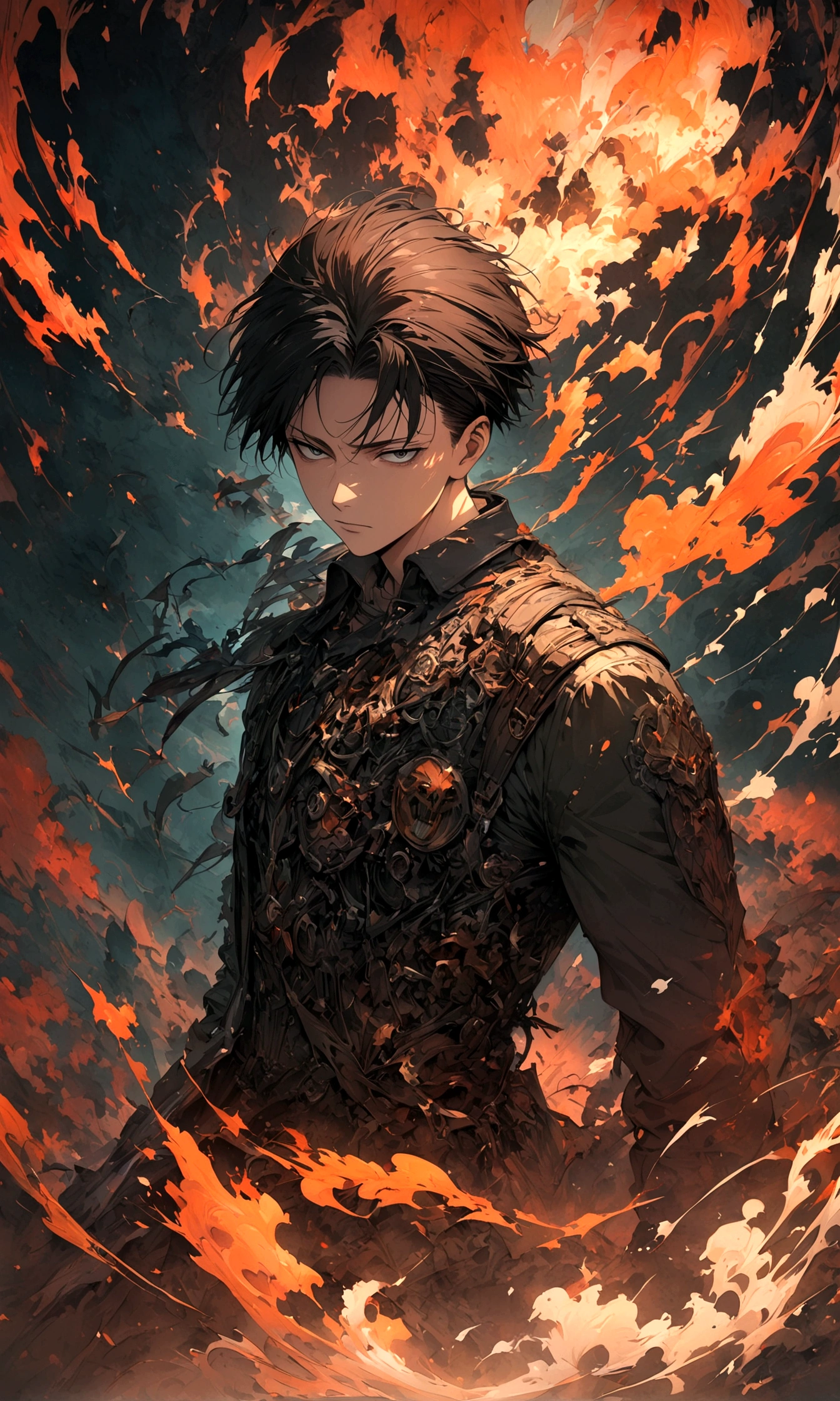 1 male,Levi Ackerman,Attack on Titan,,Intricate details,Wide range of colors,artwork,rendering,(masterpiece:1.3),(highest quality:1.4),(Super detailed:1.5),High resolution,Very detailed,unity 8k wallpaper,Decadent,Wind