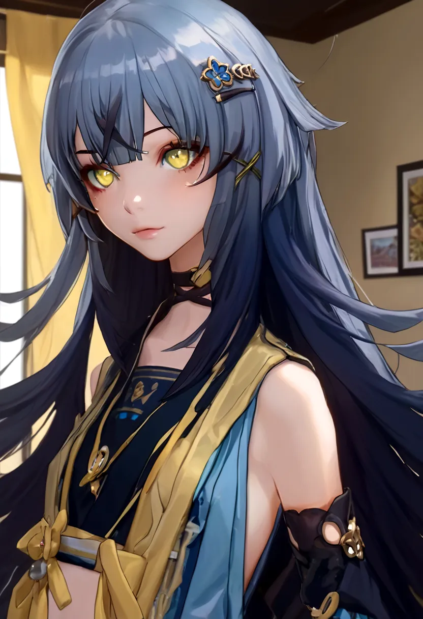 One with long, very long blue hair down to the floor, long, messy bangs, two-colored eyes, yellow and blue, colors at home, eyes, panties and no blush blouse, showing her tits, nipples