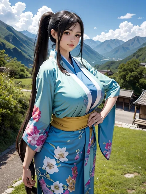 samus aran, kimono, village deep in mountains, fluttering hair, (long ponytail:1.2), long wavy hair, long curl hair, (huge tit:1...