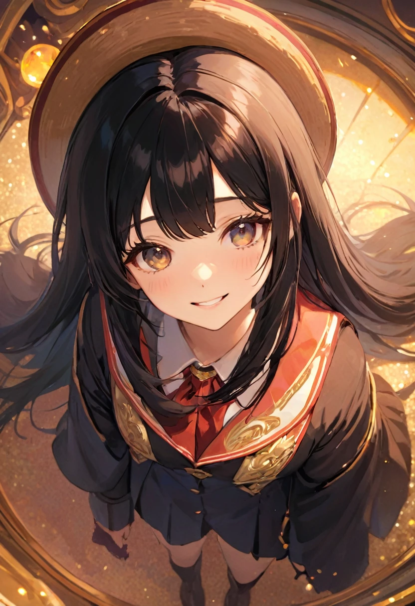 (masterpiece, best quality:1.6), cute eyes, beautiful eyes, ultra detailed face, beautiful face, raw photo, incredibly absurdres, backlighting, highres, sharp focus, highest detailed, 
BREAK 1girl, long hair, black hair, straight hair, blunt bangs, warm smile, leaning forward, 
BREAK (glittering idol costumes), 
BREAK from above, cowboy shot, look at viewer, 
