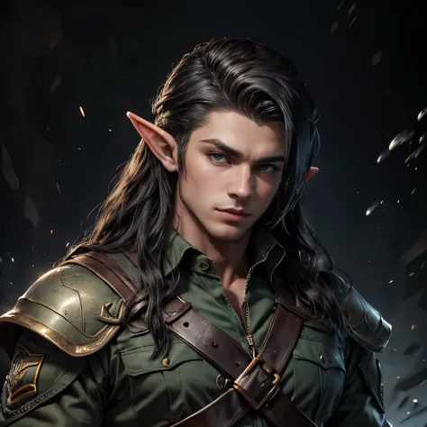 (masterpiece), best quality, high quality, (1male), adult male elf, pointy ears, handsome, (black hair), long hair, tidy hair, g...