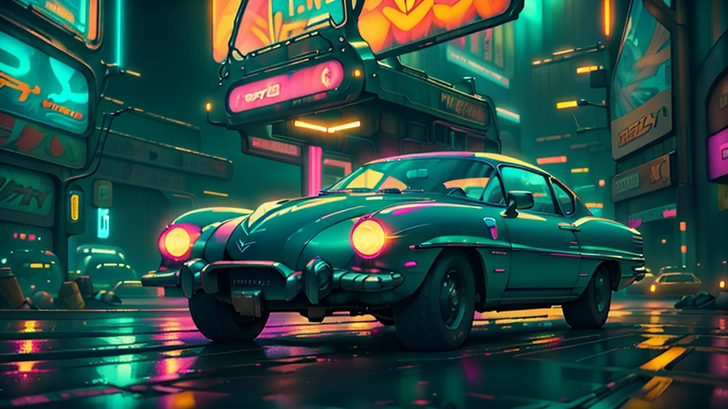 Cool chic car on a wet road. , neon lights, neon, retrowave, club,,,, in love Hemp, colorful, wallpaper, energy, secret, magical environment, omniscience, prediction of the future, understanding the past, frost magic, --v 6