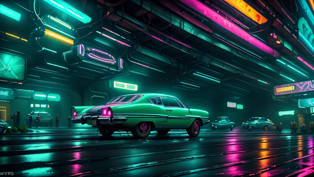 Cool chic car on a wet road. , neon lights, neon, retrowave, club,,,, in love Hemp, colorful, wallpaper, energy, secret, magical environment, omniscience, prediction of the future, understanding the past, frost magic, --v 6