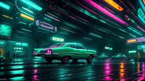 Cool chic car on a wet road. , neon lights, neon, retrowave, club,,,, in love Hemp, colorful, wallpaper, energy, secret, magical...