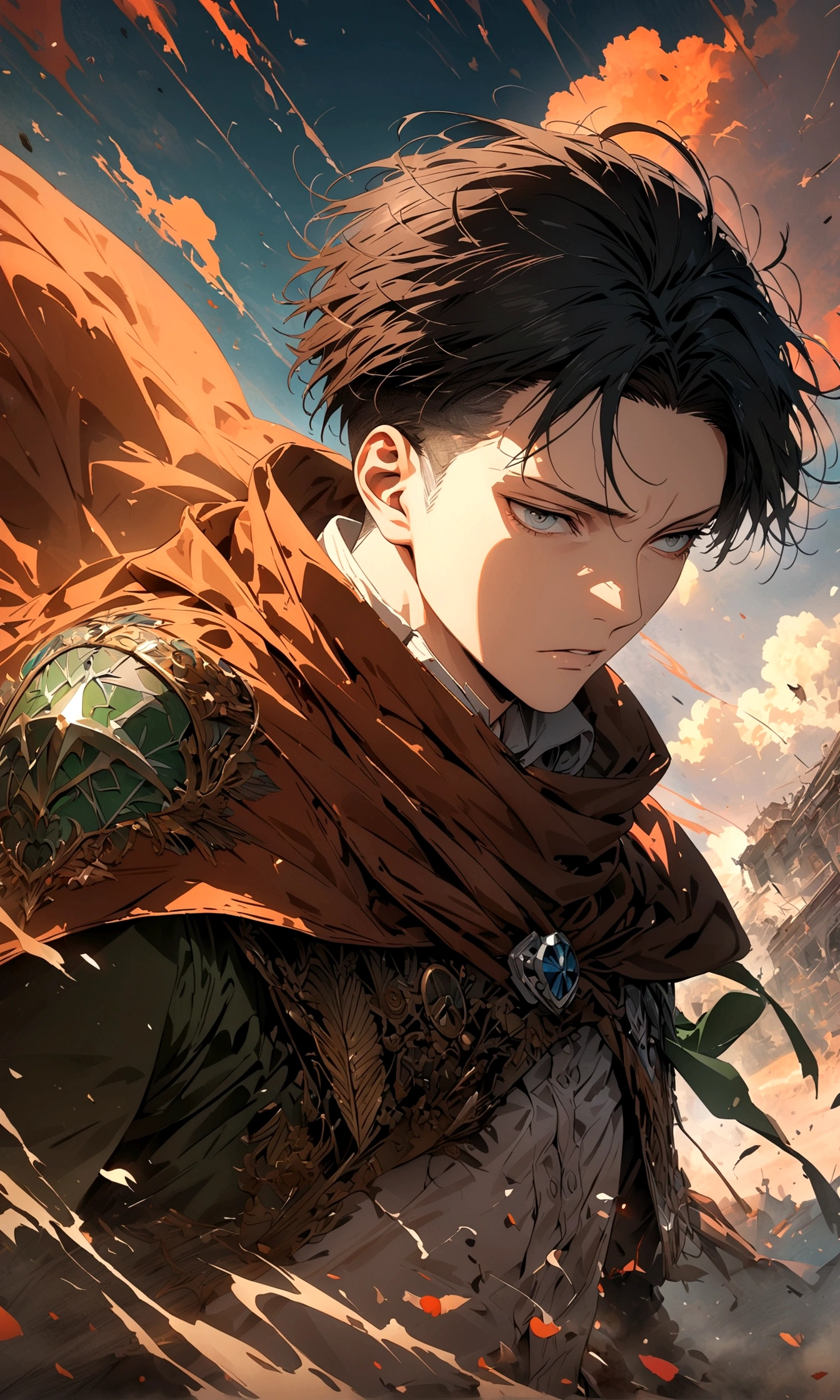 1 male,Levi Ackerman,Attack on Titan,,Intricate details,Wide range of colors,artwork,rendering,(masterpiece:1.3),(highest quality:1.4),(Super detailed:1.5),High resolution,Very detailed,unity 8k wallpaper,Decadent,Wind