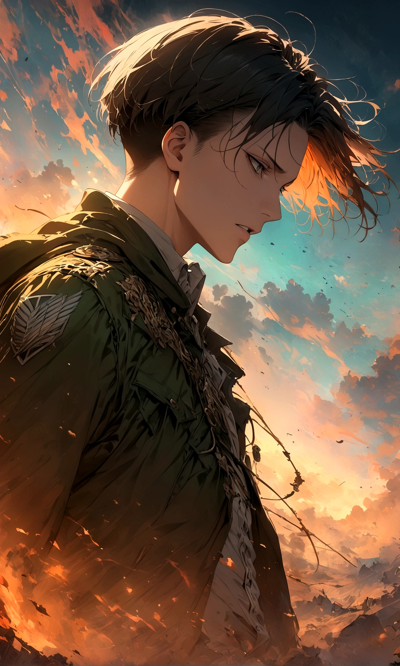 1 male,Levi Ackerman,Attack on Titan,,Intricate details,Wide range of colors,artwork,rendering,(masterpiece:1.3),(highest quality:1.4),(Super detailed:1.5),High resolution,Very detailed,unity 8k wallpaper,Decadent,Wind